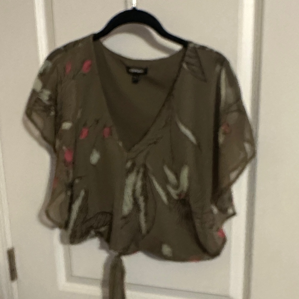 Express Olive Floral Tie-Front Blouse